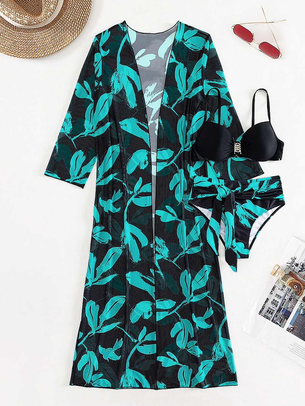2023 Three Pieces Bikini Set Cover Up Swimwear Women Swimsuit Print Long Sleeve Push Up Bathing Suit Beachwear Swimming Biquini