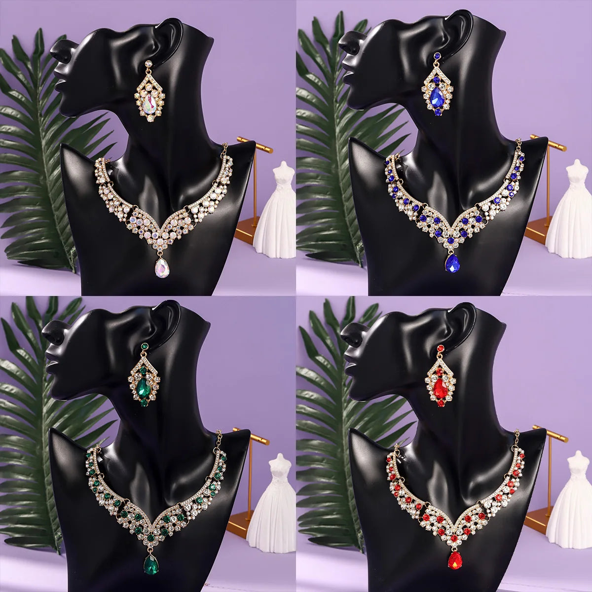 Royal Blue Crystal Wedding Jewelry Sets for Brides Luxurious V-Shape Water Drop Necklace Earrings Set Fashion Trendy Jewelry Ac