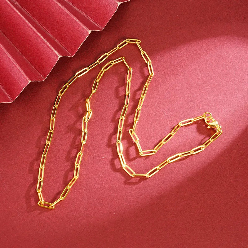 Luxury 24K 9999 Pure Gold real gold Women's Geometric Ring Necklace Light Luxury Chain