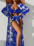 2023 Three Pieces Bikini Set Cover Up Swimwear Women Swimsuit Print Long Sleeve Push Up Bathing Suit Beachwear Swimming Biquini