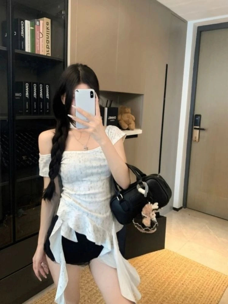 Summer Woman Tshirts Sweet Crop Tops 2025 Ropa Mujer Koream Camisetas Tunic Sexy Tees Chic Tie-dye Ruffles Irregular Y2k T-shirt