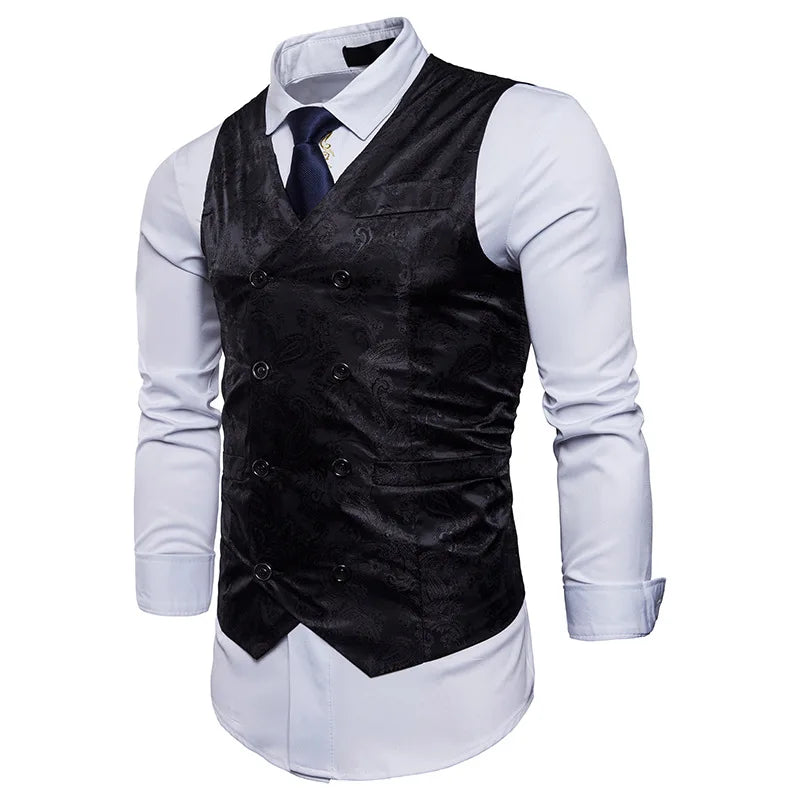 New Men's High-end Jacquard Suit Vest Fashion Double Breasted Slim Vintage Print Formal Waistcoats Men Party Wedding Vest Jacket