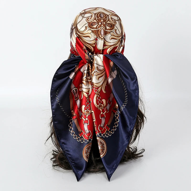 Handkerchiefs Hair Silk Scarf 90*90cm Print Satin Big Square Silk Scarves Shawls for Women Luxury Brand Designer Hijab Headband