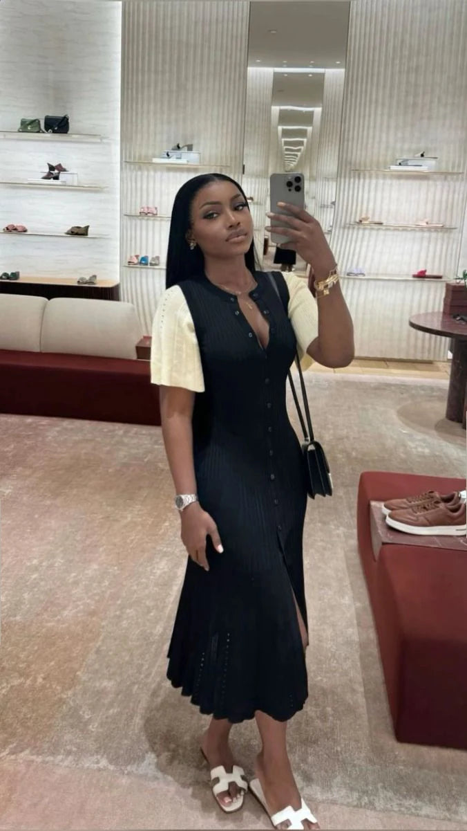 Elegant Pleated Hem Street Fashion O Neck Bell Sleeve Slim Knit Midi Dress 2026 Women Summer Beach Swimsuit Cover Up Tunic A3055