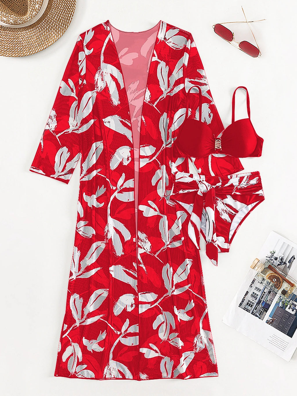 2023 Three Pieces Bikini Set Cover Up Swimwear Women Swimsuit Print Long Sleeve Push Up Bathing Suit Beachwear Swimming Biquini