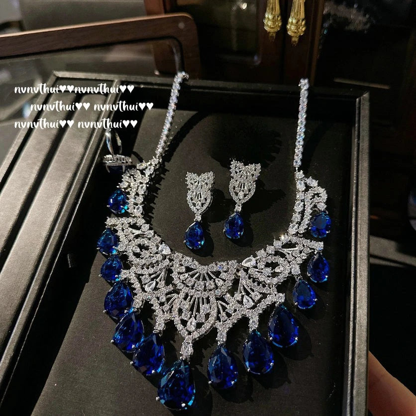 Noble Temperament Water Drop Royal Blue Earring Necklace 14K White Gold Plated Exaggerated Elegant Engagement Wedding Bridal Set