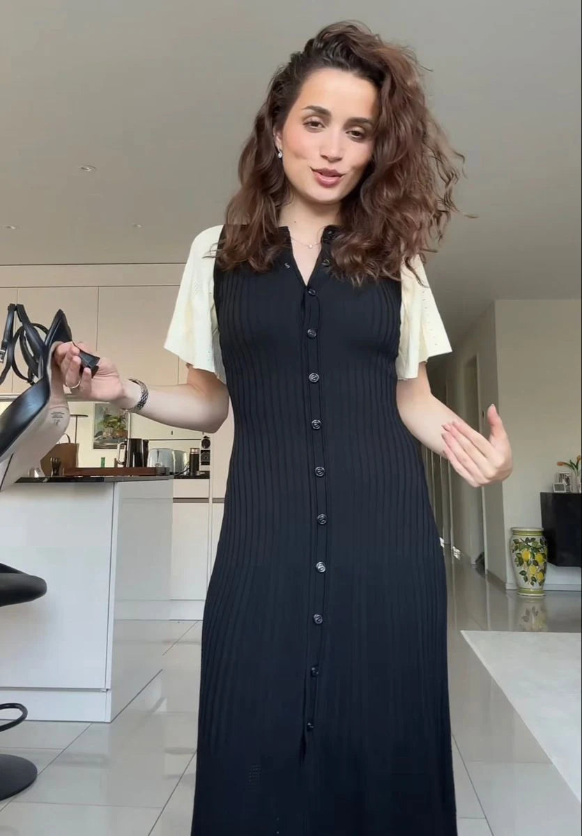 Elegant Pleated Hem Street Fashion O Neck Bell Sleeve Slim Knit Midi Dress 2026 Women Summer Beach Swimsuit Cover Up Tunic A3055