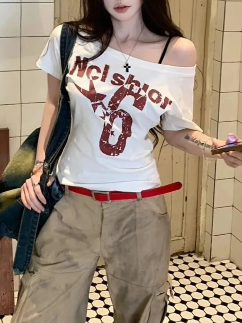 Summer Woman Cotton Outfit One Shoulder T-shirt Cuteore Streetwear Clothing Graphic T Shirts Y2k Ladies Korean Tops Kpop Tshirt