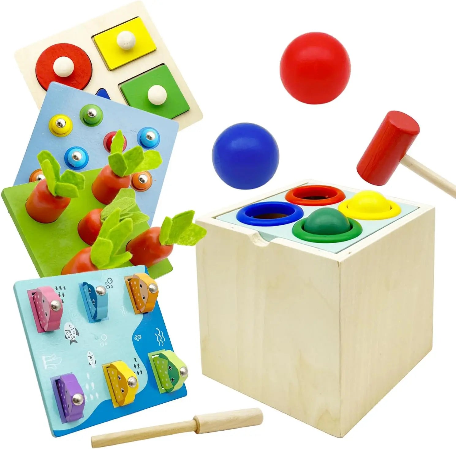 Montessori  Wooden Toy Includes Color Sorting  ,Pulling Carrots, Fishing, Insect Catching Games, Fine Motor Skills Toy