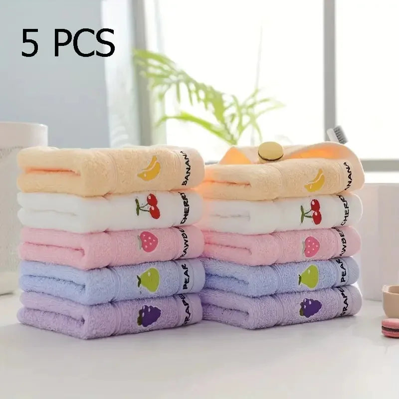 Set of 5 Soft Cotton Embroidered Fruit Theme Hand Towels - Ultra soft, absorbent and quick drying face towel with design