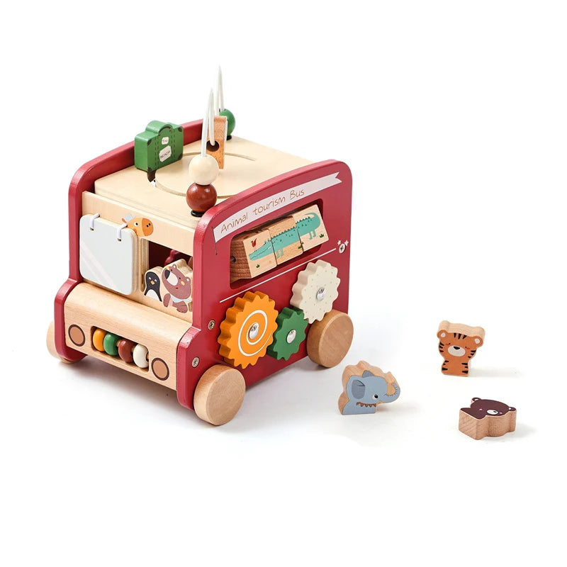 Montessori Wooden Children Toys Busy Toys Educational Games Bus 5 in 1 Busy Box Toys Montessori Baby Toys 0 12 months Gifts Kids