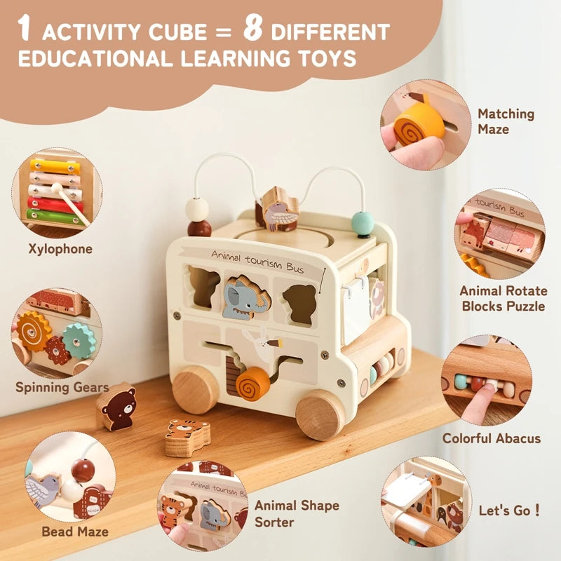 Montessori Wooden Children Toys Busy Toys Educational Games Bus 5 in 1 Busy Box Toys Montessori Baby Toys 0 12 months Gifts Kids