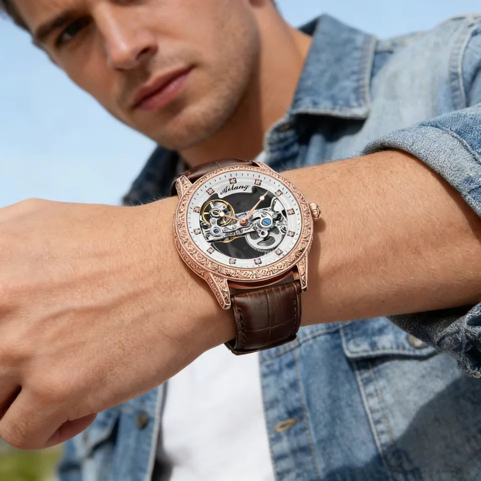 High-End Waterproof Automatic Mechanical Watch with Genuine Leather Strap And Stainless Steel Transparent Back Cover