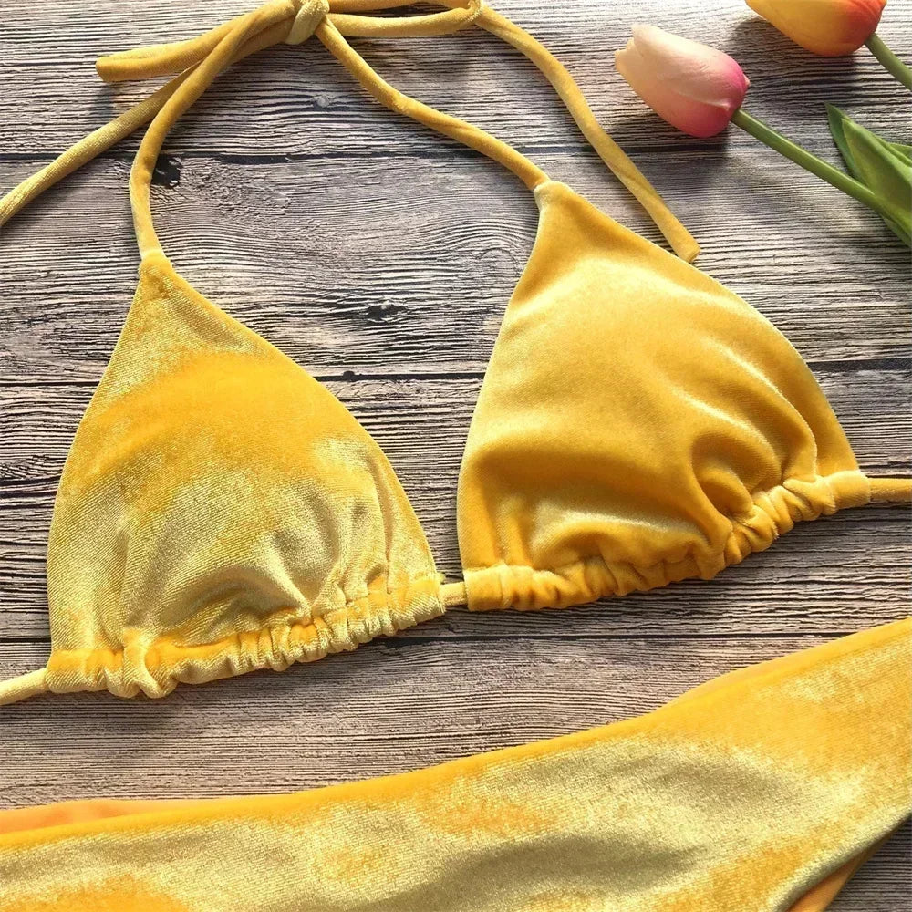 Velvet Bikini Thong Halter Strappy Swimsuit Classic Swimwear Two Piece Women 2026 Beach Outfit Triangle Bikinis Set Bathing Suit