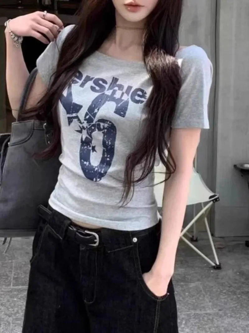 Summer Woman Cotton Outfit One Shoulder T-shirt Cuteore Streetwear Clothing Graphic T Shirts Y2k Ladies Korean Tops Kpop Tshirt