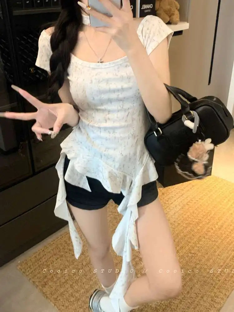 Summer Woman Tshirts Sweet Crop Tops 2025 Ropa Mujer Koream Camisetas Tunic Sexy Tees Chic Tie-dye Ruffles Irregular Y2k T-shirt
