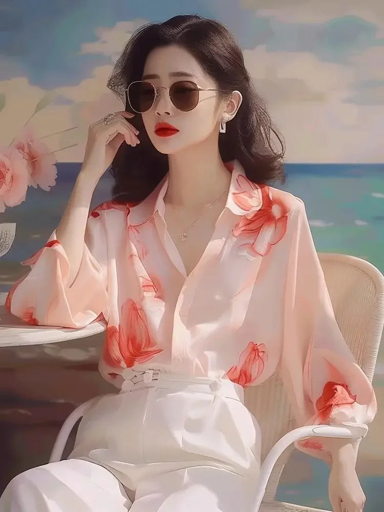 Woman Top Summer Chiffon Full Long Sleeve Shirts & Blouses for Women Aesthetic Clothing Trend 2025 M Modern Tall Fashion Xl Y2k