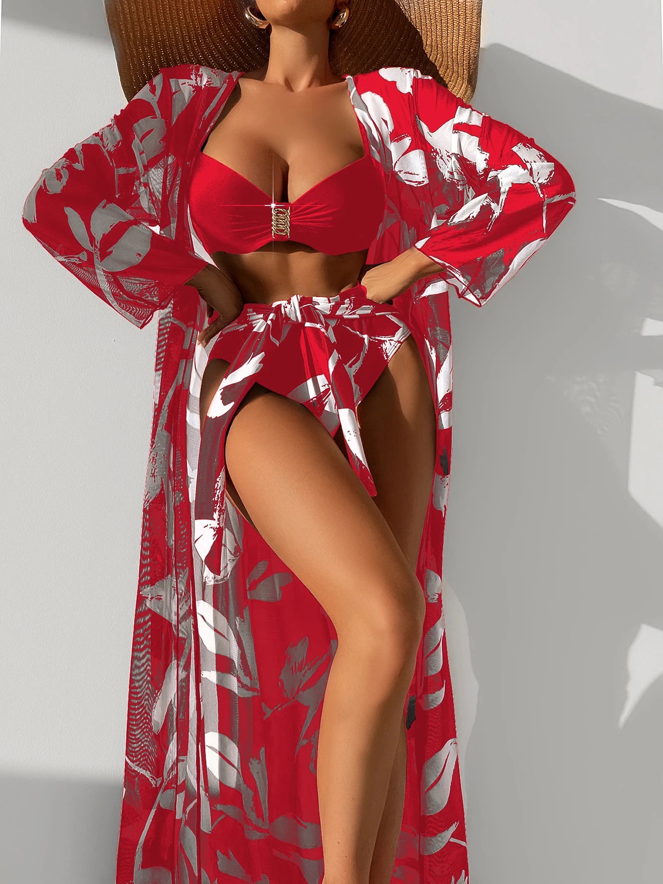 2023 Three Pieces Bikini Set Cover Up Swimwear Women Swimsuit Print Long Sleeve Push Up Bathing Suit Beachwear Swimming Biquini