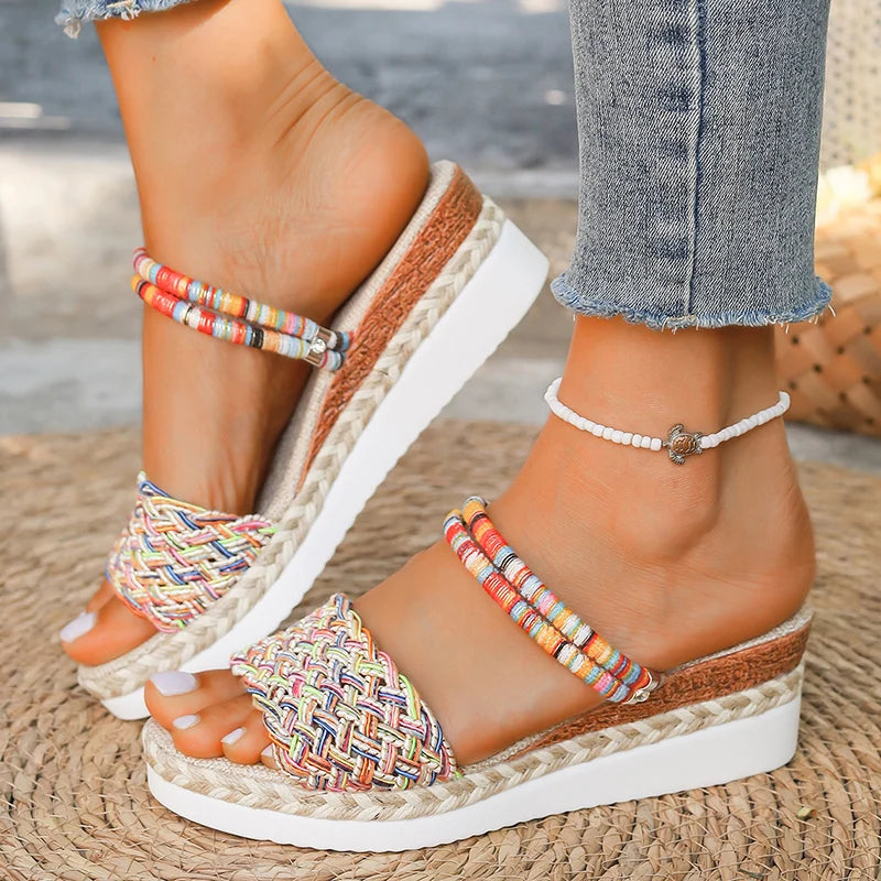 Summer Beach Vocation Bohemian Sandals Woman Wedge Heels Colorful Woven Platform Slippers Women Plus Size 43 Sandalias De Mujer