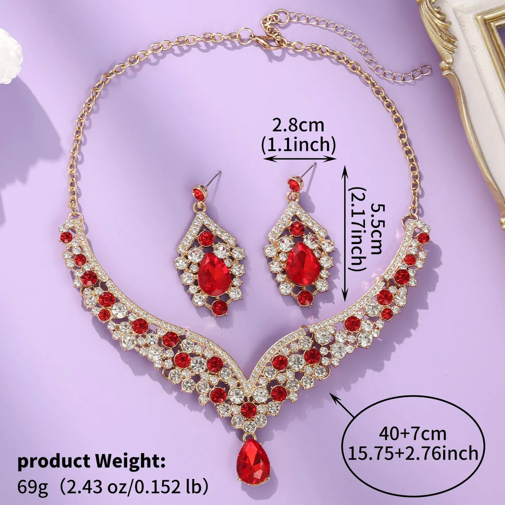 Royal Blue Crystal Wedding Jewelry Sets for Brides Luxurious V-Shape Water Drop Necklace Earrings Set Fashion Trendy Jewelry Ac