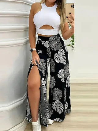 Summe Two Piece Outfits Woman New Women's Elegant Casual Hollow O Neck Short Vest Printed Trousers Set Women Clothes