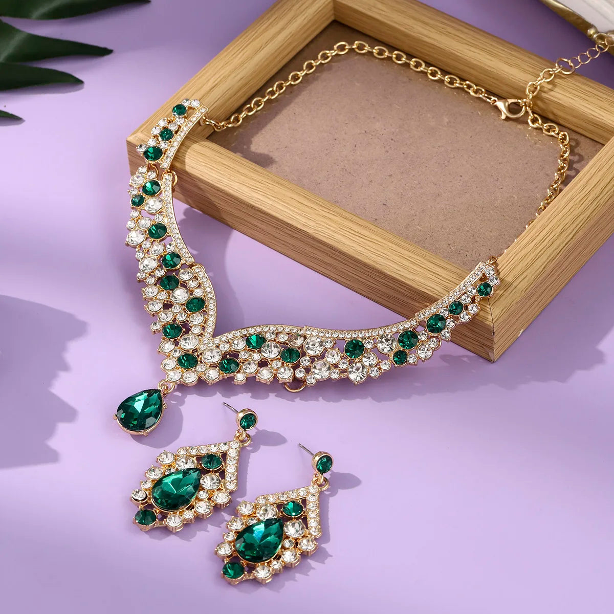 Royal Blue Crystal Wedding Jewelry Sets for Brides Luxurious V-Shape Water Drop Necklace Earrings Set Fashion Trendy Jewelry Ac