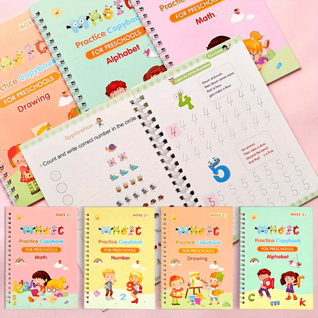 3D Groove Writing Pad Children's Magic Practice Copybooks Set with Pen Reusable Kids Workbooks for Handwriting  4-Pack