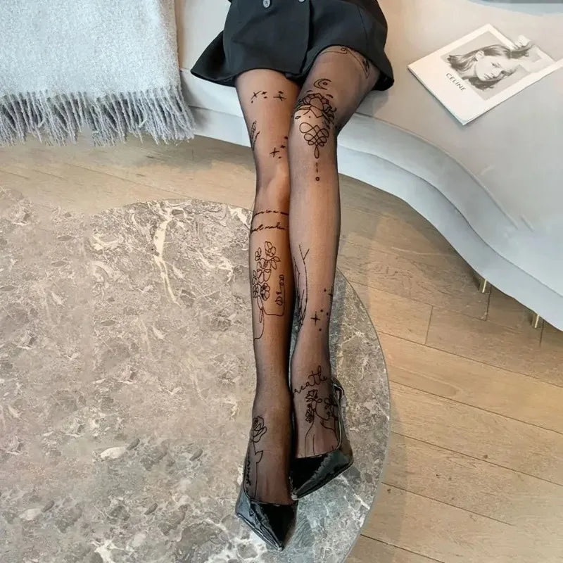 Tights Women Women Sexy Tights with Patterned Tattoos Pantyhose Inscriptions Flower Letter Ladies Thin Long Black StocKINGS