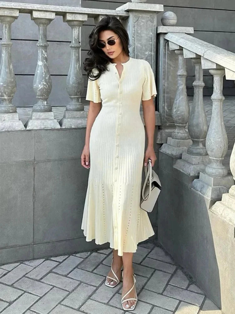 Elegant Pleated Hem Street Fashion O Neck Bell Sleeve Slim Knit Midi Dress 2026 Women Summer Beach Swimsuit Cover Up Tunic A3055