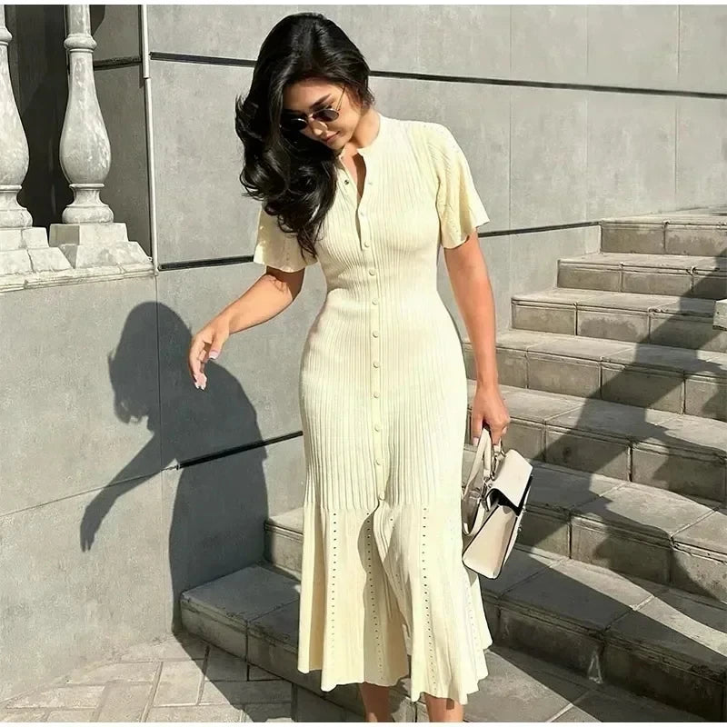 Elegant Pleated Hem Street Fashion O Neck Bell Sleeve Slim Knit Midi Dress 2026 Women Summer Beach Swimsuit Cover Up Tunic A3055