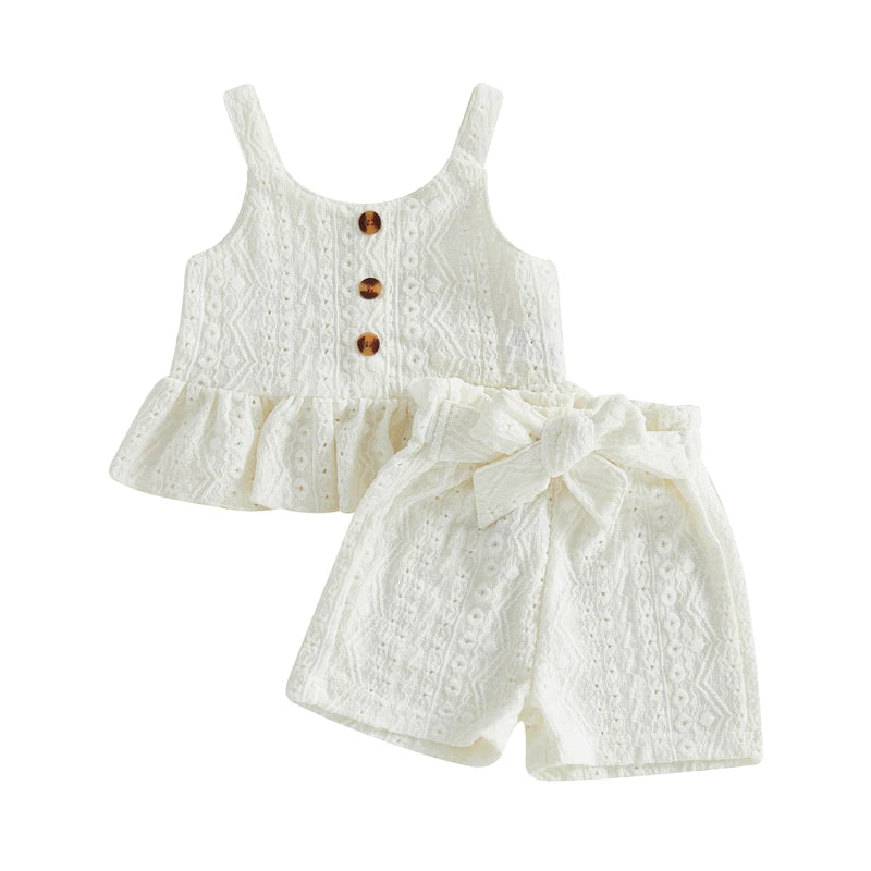 Toddler Kids Girls Clothes Set Fashion Toddler Girls Hollowed Camisole with Tie-up Shorts Solid Summer 2-piece Outfit