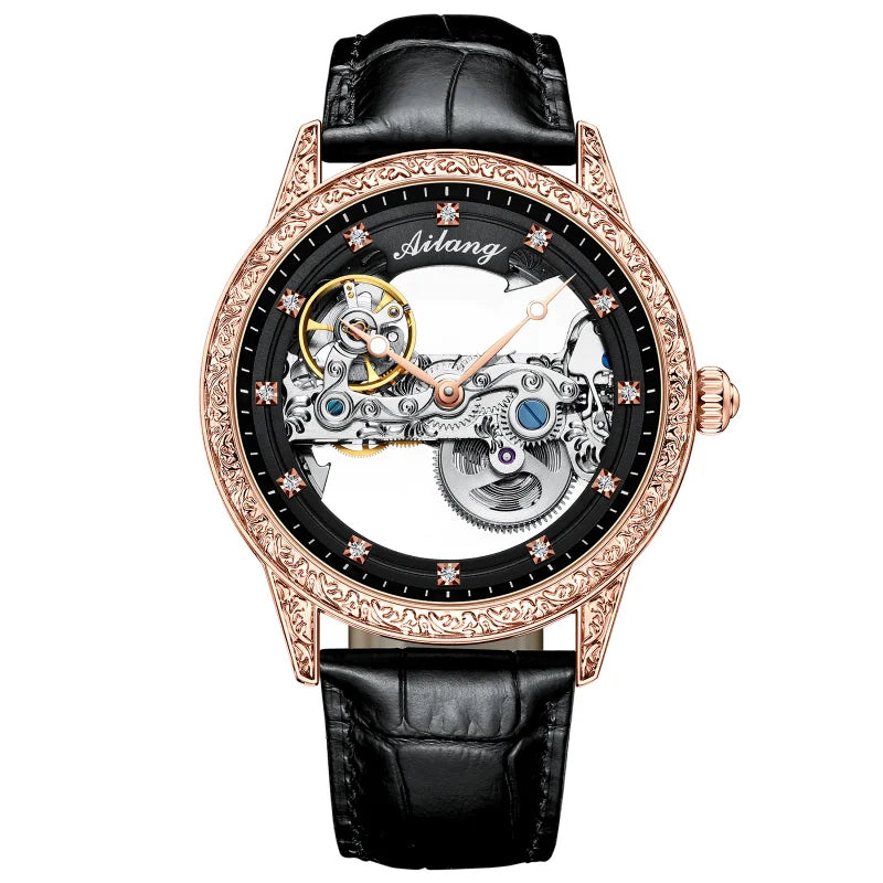 High-End Waterproof Automatic Mechanical Watch with Genuine Leather Strap And Stainless Steel Transparent Back Cover