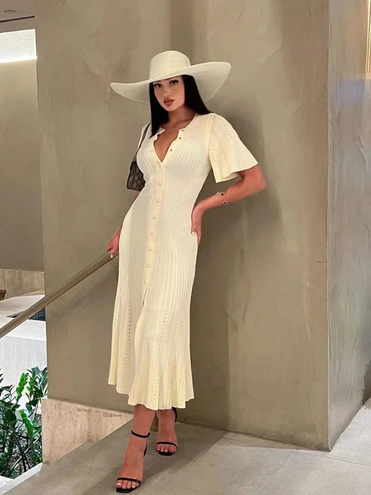 Elegant Pleated Hem Street Fashion O Neck Bell Sleeve Slim Knit Midi Dress 2026 Women Summer Beach Swimsuit Cover Up Tunic A3055