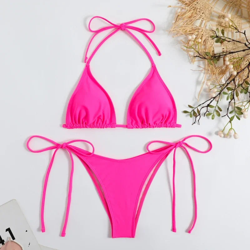 Sexy Women Thong Solid Color Bikini Set Women Side Halter Tie Swimsuit Split Strap Adjustable Brazilian Swimwear Beachwear