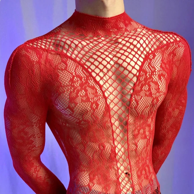 Gentlemen Mesh Clothes White Red Men's Bodysuits Male Long Sleeved Underwear Fetish Breathable Uniforms hombre ropa interior
