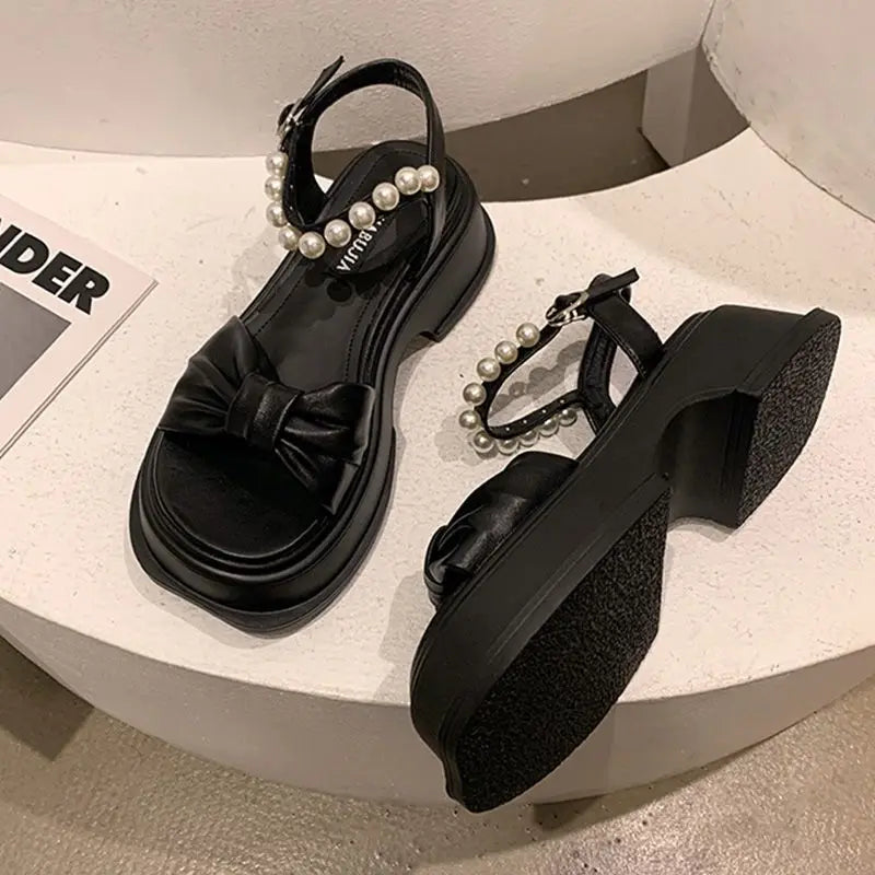 Summer 2025 Sandals for Women Platform One Word Pearl Ladies Shoes Open Toe Beach Wholesale Daily Original Vintage Vip Footwear