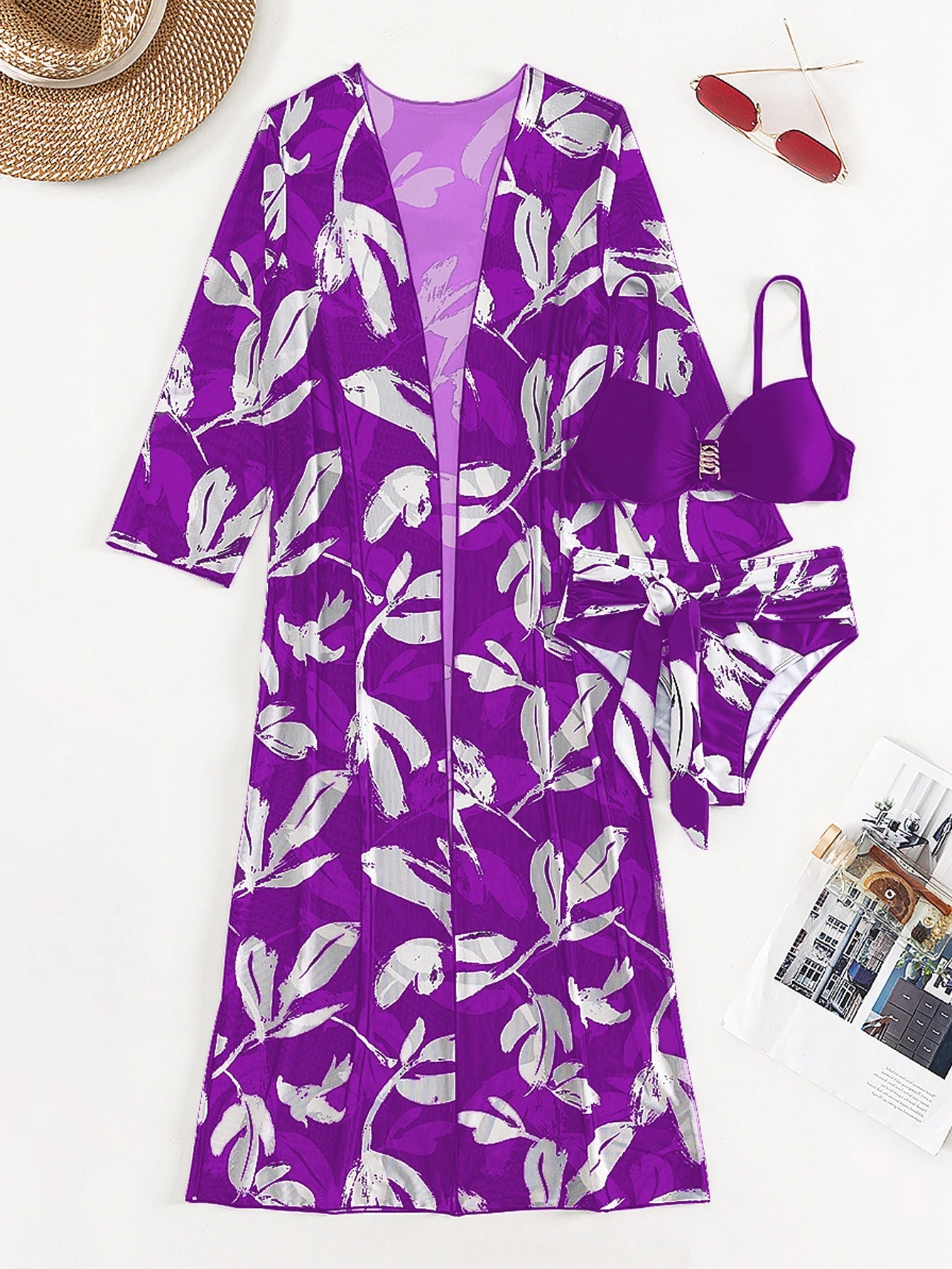 2023 Three Pieces Bikini Set Cover Up Swimwear Women Swimsuit Print Long Sleeve Push Up Bathing Suit Beachwear Swimming Biquini