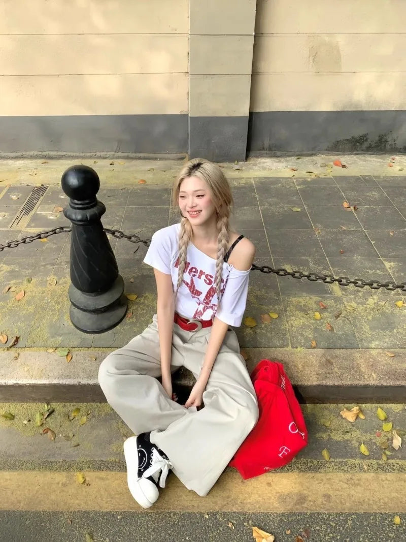 Summer Woman Cotton Outfit One Shoulder T-shirt Cuteore Streetwear Clothing Graphic T Shirts Y2k Ladies Korean Tops Kpop Tshirt