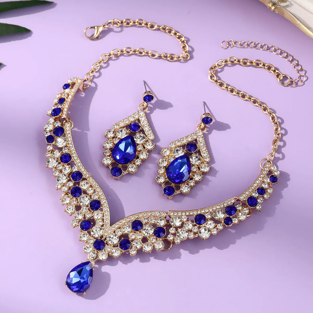 Royal Blue Crystal Wedding Jewelry Sets for Brides Luxurious V-Shape Water Drop Necklace Earrings Set Fashion Trendy Jewelry Ac
