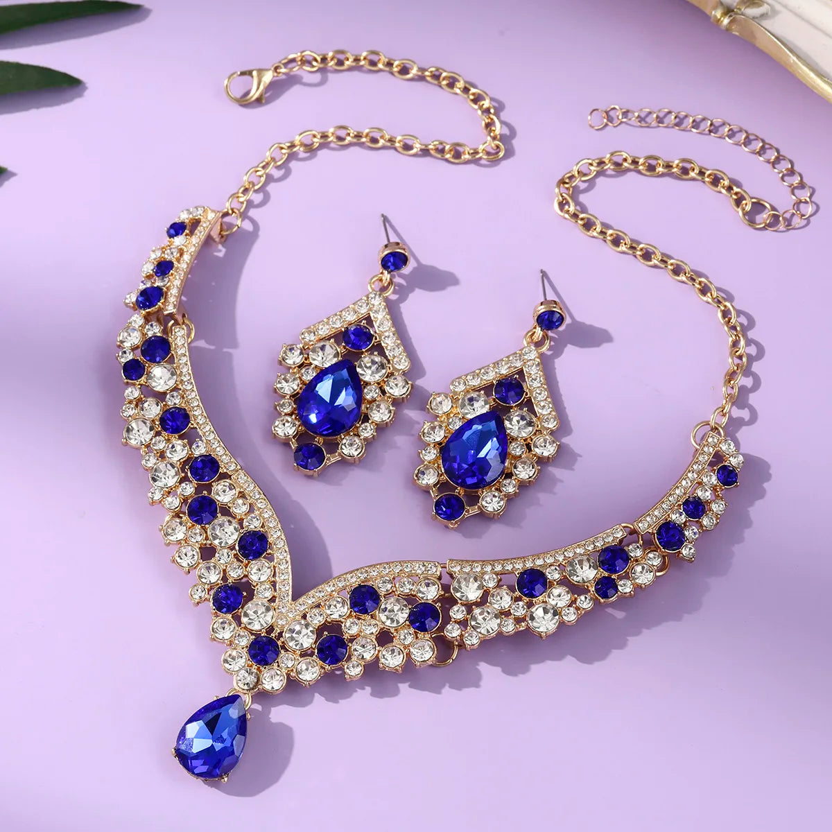 Royal Blue Crystal Wedding Jewelry Sets for Brides Luxurious V-Shape Water Drop Necklace Earrings Set Fashion Trendy Jewelry Ac