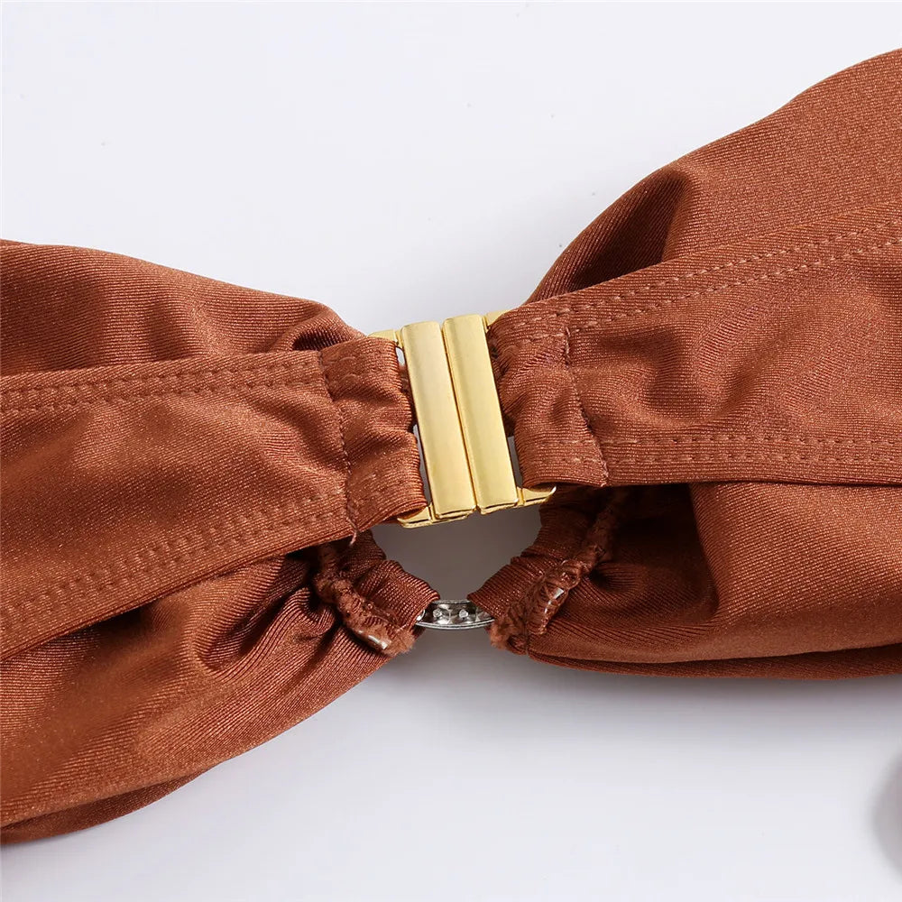 Sexy Diamond Ring Brown Ruched Swimwear Bandeau Bikinis Sets 2026 Mujer Micro Thong Swimsuit Lace-up Bathing Suit Bikini Bather