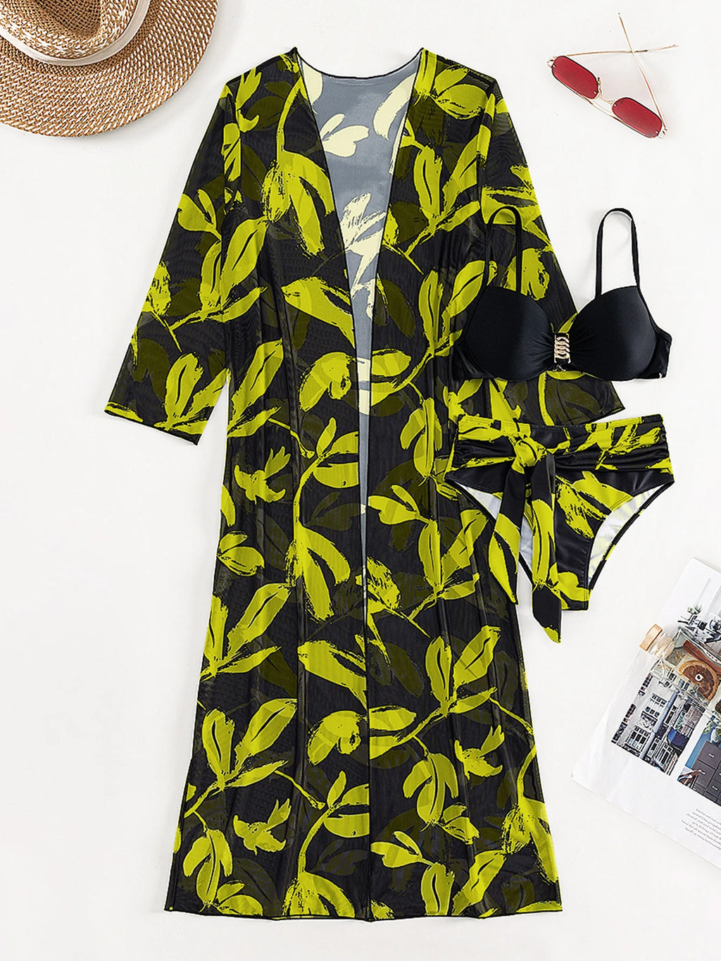 2023 Three Pieces Bikini Set Cover Up Swimwear Women Swimsuit Print Long Sleeve Push Up Bathing Suit Beachwear Swimming Biquini