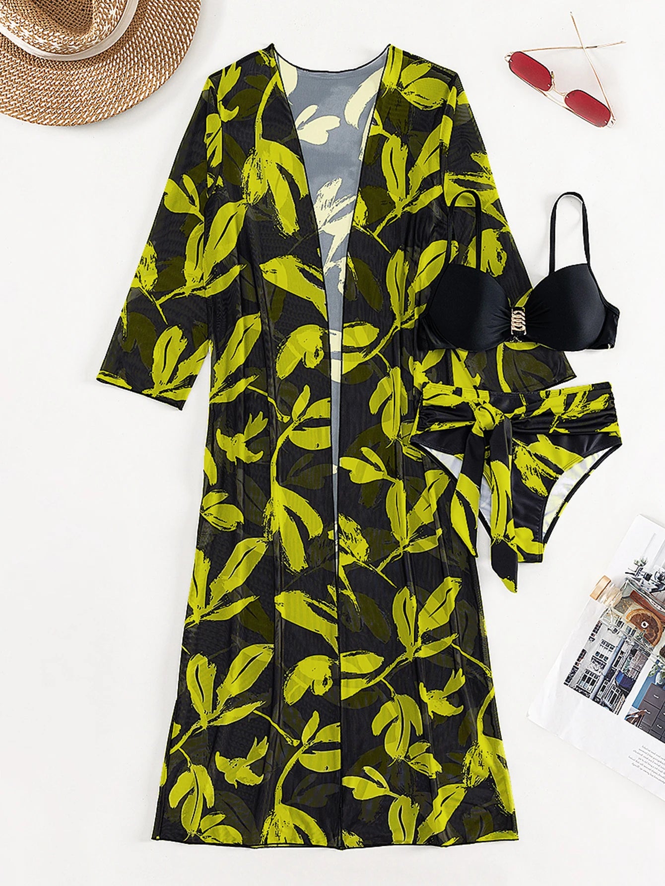 2023 Three Pieces Bikini Set Cover Up Swimwear Women Swimsuit Print Long Sleeve Push Up Bathing Suit Beachwear Swimming Biquini