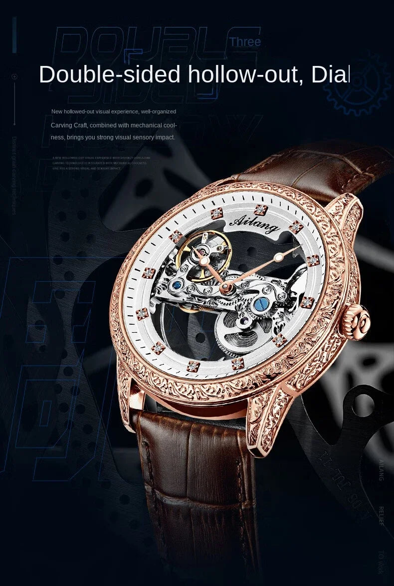 High-End Waterproof Automatic Mechanical Watch with Genuine Leather Strap And Stainless Steel Transparent Back Cover