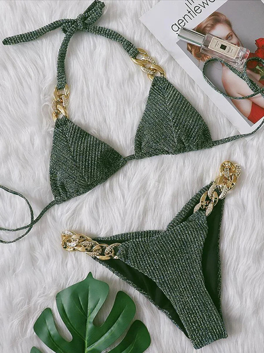 Halter Chains Rhinestone Diamond Bikini Women Swimsuit Female Ribbed Swimwear Two Pieces Bikini set Brazilian Bathing Suit Swim