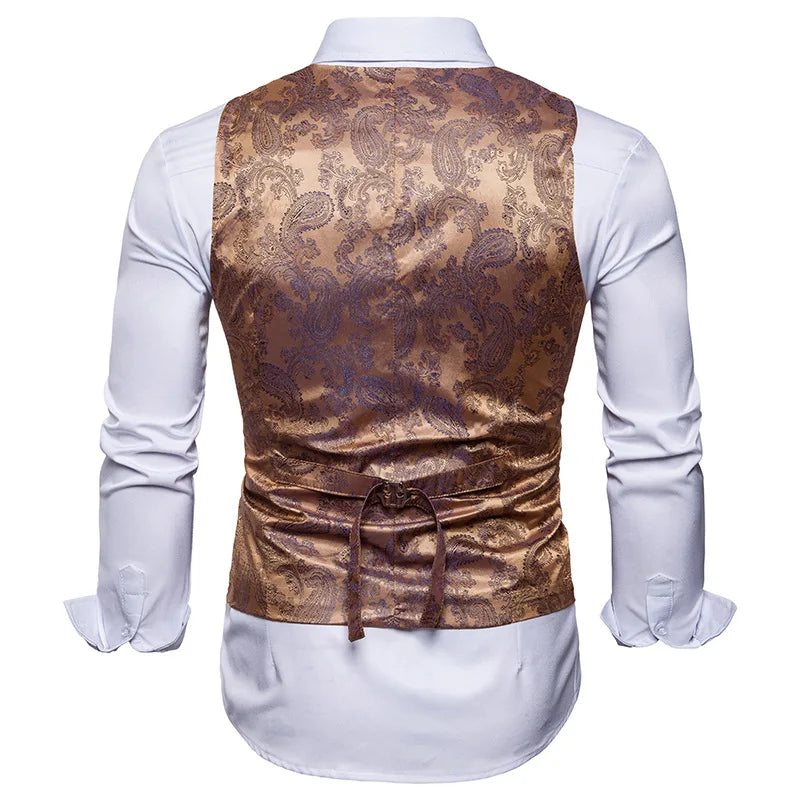 New Men's High-end Jacquard Suit Vest Fashion Double Breasted Slim Vintage Print Formal Waistcoats Men Party Wedding Vest Jacket