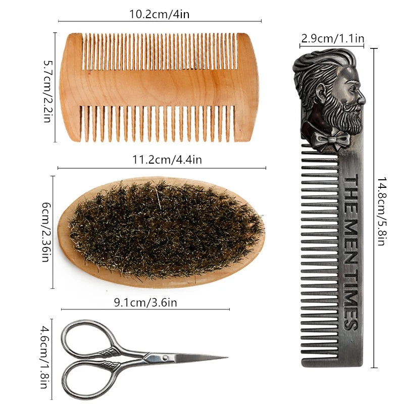 5pcs Beard Brush & Styling Kit - Boar Bristle Brush, Double-Sided Wooden Comb, Scissors, Hair Comb, Professional Grooming Tools