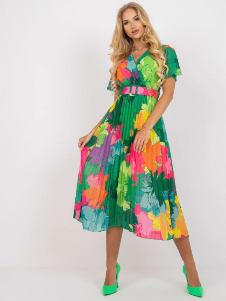 Women's Summer Dress New Summer V-neck Dress Women's Printed High Waist Pleated Skirt Fashion Holiday Party Dress Dresses Robe