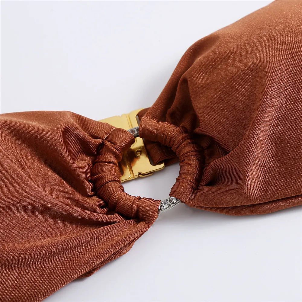 Sexy Diamond Ring Brown Ruched Swimwear Bandeau Bikinis Sets 2026 Mujer Micro Thong Swimsuit Lace-up Bathing Suit Bikini Bather