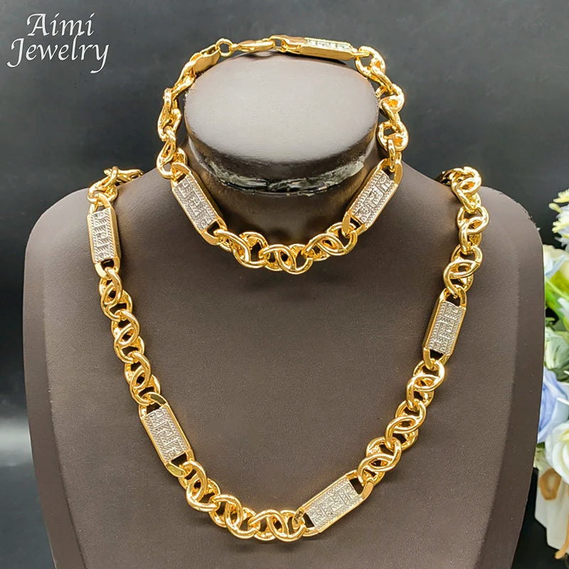 Hip Hop Trendy African Jewelry Sets for Men Women Chunky Necklace Bracelet Gold Plated Fashion Jewellery for Party Daily Gifts